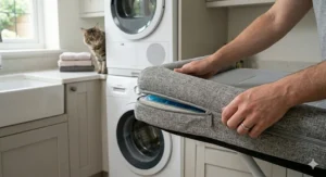 A lightweight, foldable cooling cat mat being packed for a summer holiday trip within the UK.