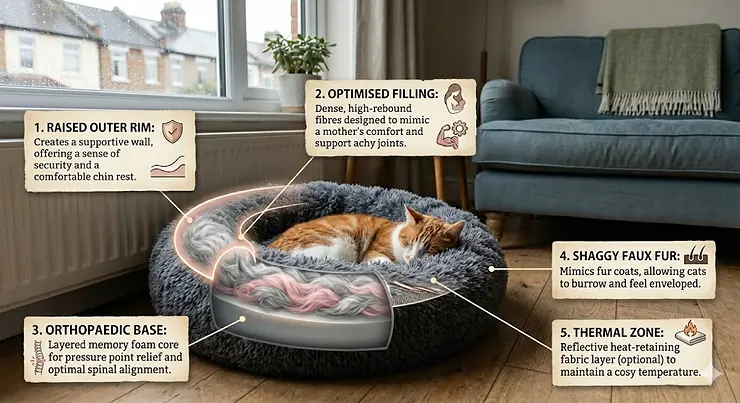 A plush grey calming donut cat bed placed in a sunny British living room with a sleeping ginger cat. calming donut cat bed