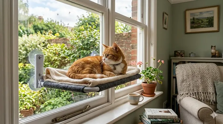A photorealistic shot of a ginger tabby cat resting in a grey felt window-mounted bed attached to a white casement window in a bright British living room. window cat bed