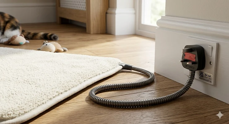 A fluffy, grey heated cat bed placed in a modern British living room near a radiator, showing a tabby cat sleeping soundly inside. heated cat beds heated cat beds