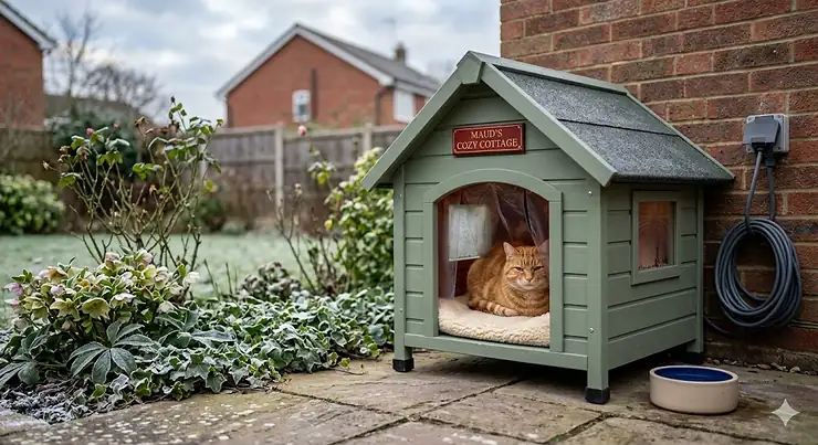 A photorealistic heated outdoor cat house in a frosty British garden, featuring a sage green finish and weatherproof mineral felt roof. heated outdoor cat house