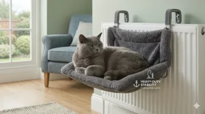 A heavy-duty radiator bed supporting a large British Shorthair cat, demonstrating weight capacity and stability.