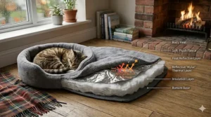 A photorealistic cutaway illustration showing the internal reflective Mylar layer and insulation that traps a cat's body heat in a self-warming bed.
