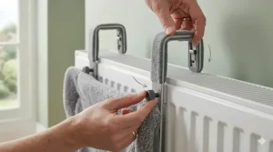 A step-by-step guide showing the adjustable hooks of a cat bed being secured onto a modern compact radiator.