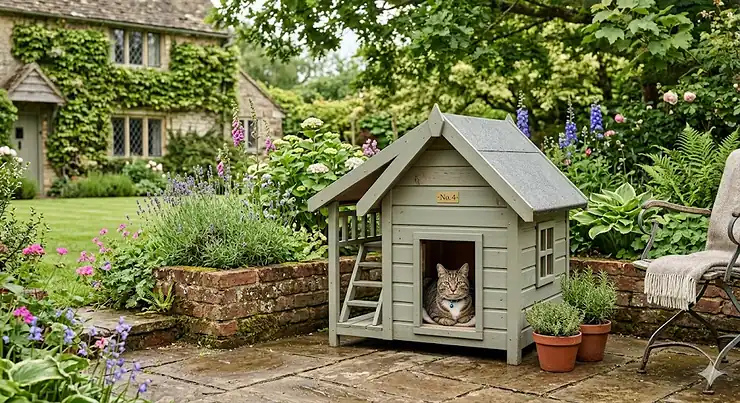 A weatherproof insulated outdoor cat house placed on a stone patio in a lush British garden. outdoor cat house