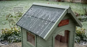 A technical cutaway showing thick thermal insulation and reflective foil-faced boards inside the walls of an outdoor cat shelter.