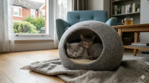 Two cats, a British Shorthair and a tabby, snuggling together inside a large enclosed cat bed, demonstrating the spacious interior.