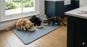 A low-angle photograph of a large grey silicone cat feeding mat on an oak floor in a UK kitchen, holding four bowls where four cats are eating, and successfully containing scattered kibble to prevent mess.