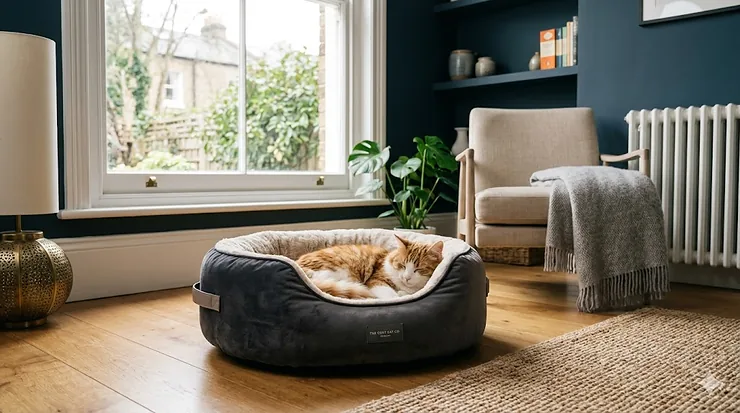 A plush designer velvet donut cat bed in charcoal grey, positioned in a sunlit British living room near a traditional white radiator. luxury cat beds