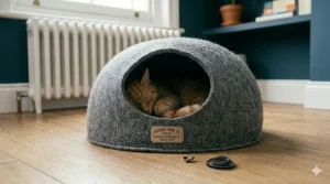 An enclosed luxury cat cave bed made of thick grey felt, providing a cosy hideaway for a sleeping ginger cat on a wooden floor.