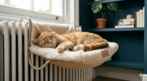 A cream faux-fur luxury radiator bed securely attached to a standard white UK radiator with a ginger cat sleeping soundly.