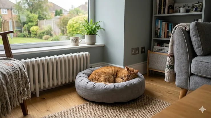 A ginger tabby cat sleeping soundly in a grey luxury memory foam cat bed placed next to a traditional white column radiator in a British living room. memory foam cat bed