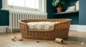 Traditional British-style luxury wicker cat basket lined with a thick, quilted neutral-toned cushion, shown with natural wood shavings and twine.