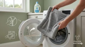 An icon showing the removable faux-fur cover being placed into a washing machine, highlighting easy maintenance.
