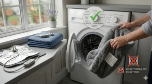 A person in a British utility room checking the 30°C laundry care symbols on the removable cover of a grey self-warming cat bed.