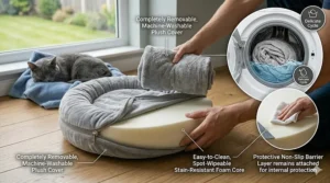 Illustration showing the removable plush cover being placed into a washing machine on a delicate cycle, alongside a spot-wipeable foam core.