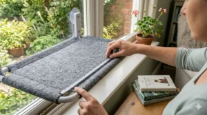 A person using a metal tape measure to check the width of a grey window cat bed to ensure it fits a standard white UK window sill.