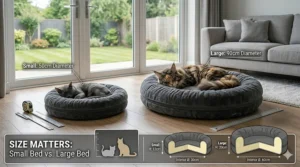 A comparison diagram showing a small 50cm diameter bed and a large 90cm diameter bed, featuring a grey cat and a large tortoiseshell cat for scale.