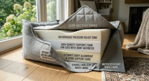 A photorealistic cross-section of an orthopaedic cat bed showing the internal high-density memory foam layers designed for pressure relief.