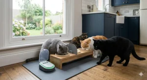 A close-up photograph of a microchip cat feeding station on an oak floor, preventing a black cat from accessing the food bowl of a feeding ginger cat in a UK home.