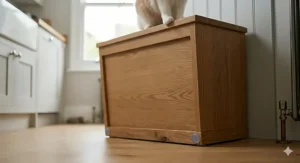 A minimalist grey raised cat feeding station with storage styled as a sophisticated piece of furniture in a contemporary UK living room.
