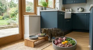 A sleek grey cat feeding station with a non-slip silicone mat to prevent mess on kitchen floors.