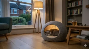 A contemporary grey cat pod styled in a British home with a tripod floor lamp, sash window, and a cup of tea on a wooden side table.