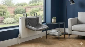 A stylish charcoal grey plush radiator bed that complements contemporary British living room interior design.