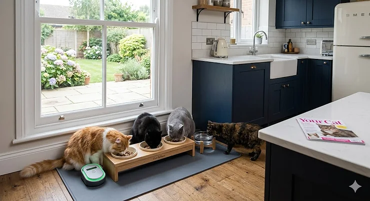 A bespoke wooden cat feeding station in a modern UK kitchen with four cats eating from ceramic bowls on a protective floor mat. cat feeding station for multiple cats