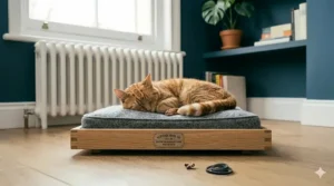Minimalist Scandi-style luxury cat bed with a sleek light oak frame and a grey felt cushion in a modern home setting.