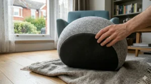 A human hand lifting the felt cat bed to reveal a waterproof, non-slip rubberised base designed for safety on British wooden floors.