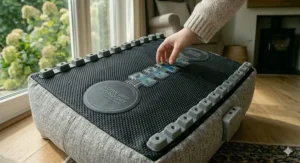 The underside of an orthopaedic cat bed featuring active grip technology and a non-slip base for stability on hard floors.