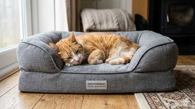 A senior ginger and white cat sleeping comfortably in a grey, premium orthopaedic cat bed on a wooden floor in a sunlit British living room. orthopaedic cat beds for senior cats