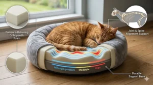 Illustration with a cross-section of an orthopaedic memory foam cat bed showing pressure-relieving foam and a skeletal overlay for joint and spine alignment support.