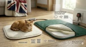 A cross-section illustration of a heated cat bed featuring memory foam layers for senior cat joint support.