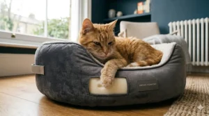 Close-up of a premium memory foam cat bed showing the internal foam structure for joint support, featuring a sleeping ginger cat.