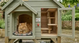Diagram of an outdoor cat house with two exits to ensure cats can escape from potential predators or intruders.
