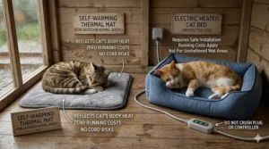 Side-by-side comparison of a thermal mat and an electric bed inside a wooden outdoor cat shelter, with labels on safe installation in outbuildings.