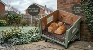 Demonstration of the rear escape door designed to provide a safe exit for cats and protect them from garden predators.