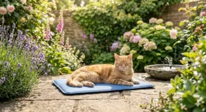 A ginger tabby cat lounging on a portable cooling mat on a patio in a British garden.