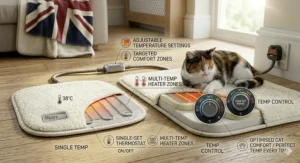 A weatherproof, insulated cat shelter with a heat pad, suitable for use in a garden shed or porch.