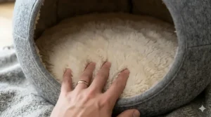 Close-up of a human hand pressing into the soft cream faux-fur lining of an enclosed cat bed, showcasing its soothing tactile quality.