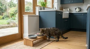 Close up of an elevated cat feeding station featuring two white ceramic bowls on a light oak stand.