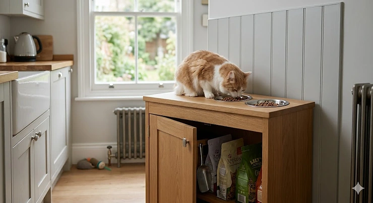 A stylish wooden raised cat feeding station with storage drawers and two stainless steel bowls in a modern British kitchen. raised cat feeding station with storage