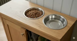A close-up of a person lifting a dishwasher-safe stainless steel bowl out of a white elevated cat feeding unit for easy cleaning.