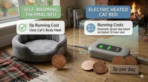 A photorealistic infographic comparing zero running costs for a thermal mat against a 3p per day example for an electric bed using British coins.