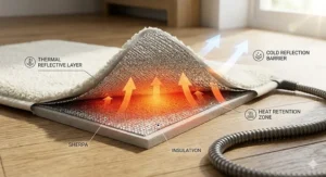 Close-up of a heated cat bed showing the bite-resistant cable and UK three-pin plug for home safety.