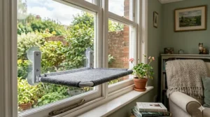 Close-up of industrial-strength suction cups securing a grey cat perch to a glass window pane, showing the sturdy white mounting bracket.