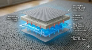 Diagram showing the non-toxic self-cooling gel layers inside a summer cat bed to keep pets chilled.