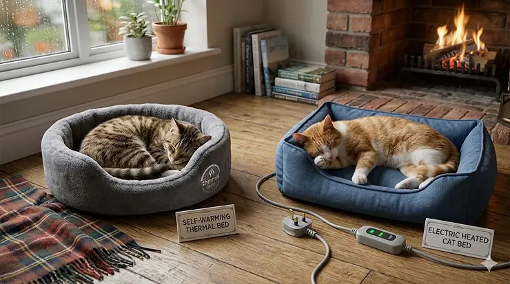 A comparison of a self-warming thermal cat mat and an electric heated cat bed in a British living room featuring a UK 3-pin plug and a fireplace. self warming cat bed vs electric
